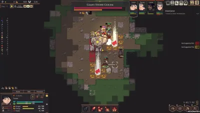 The four-settler party engaging the Giant Stone Golem, its name banner and health bars at the top of the screen, official press kit screenshot