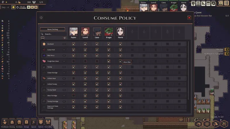 The Consume Policy screen with per-settler food allow and ban settings, official press kit screenshot