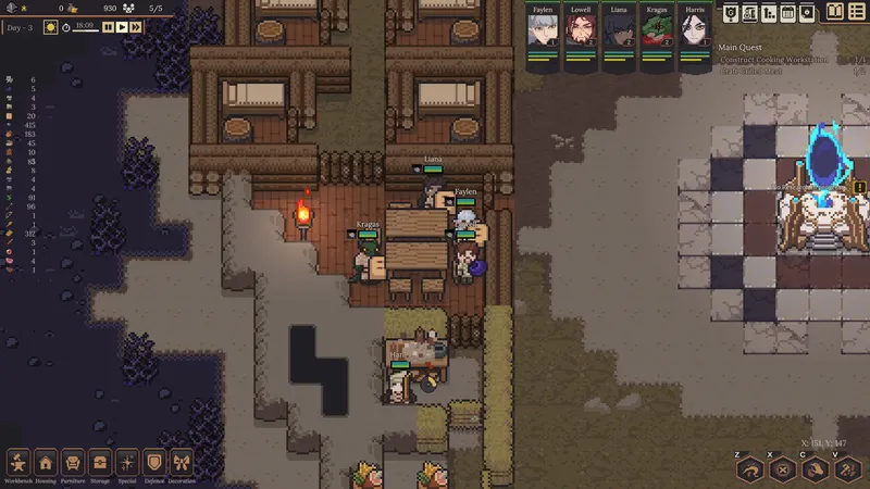 Early-game settlement interior — wooden housing, a work area, and the blue portal at right, from the official press kit
