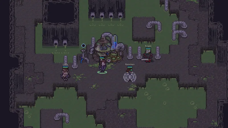 The party gathered at an event site in the dungeon, official press kit screenshot