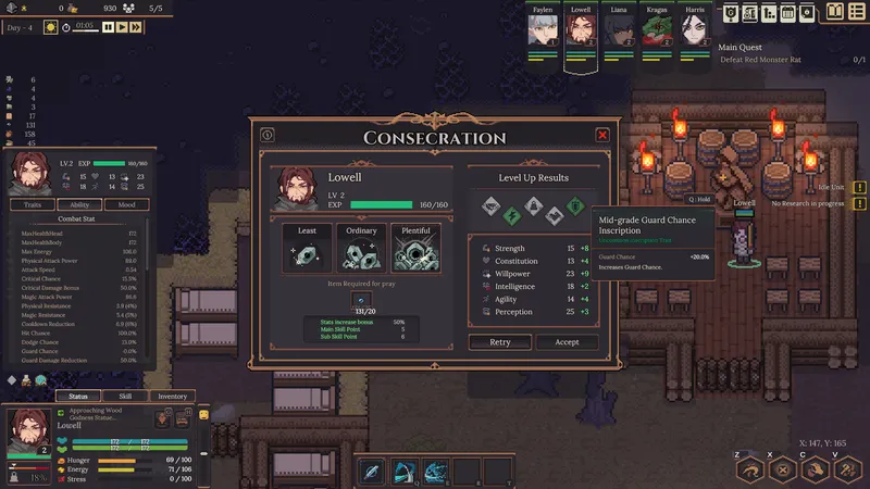 A settler's level-up screen offering stat growth choices including Consecration, official press kit screenshot