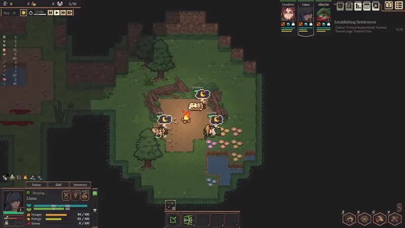 The settlement camp at night — a gathering quest for twisted wood active while settlers sleep, official Steam screenshot