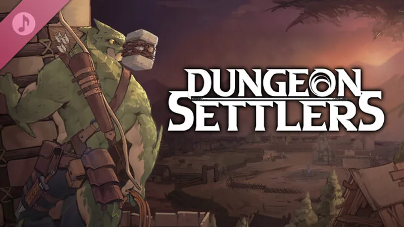 The Dungeon Settlers key art with a pink music-note badge in the corner, the official Dungeon Settlers Soundtrack DLC capsule art