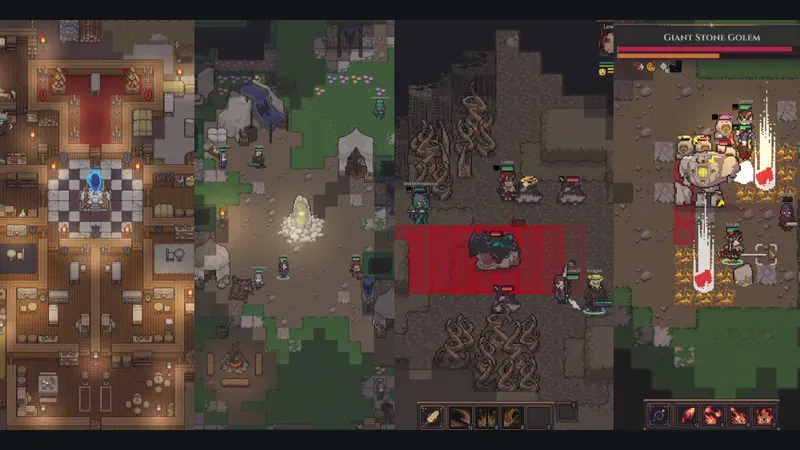 Official press kit montage of four gameplay scenes: a torch-lit keep interior, an expedition campsite, a dungeon encounter, and the Giant Stone Golem fight