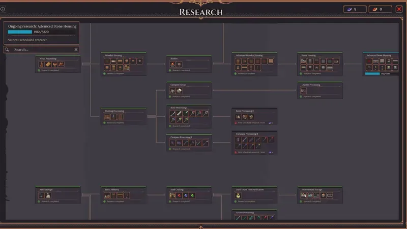 The Research screen showing the prerequisite tree with Wood Processing, Hunting, Bone Processing and Staff Crafting nodes, and book currencies, official press kit screenshot