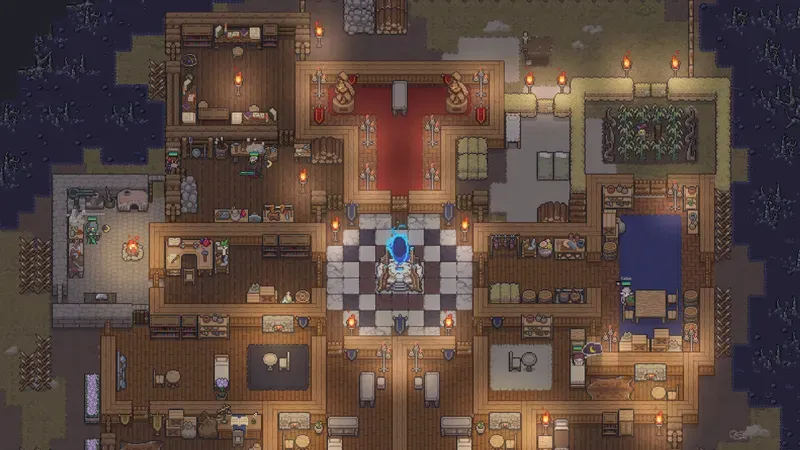 A wooden settlement at night with workshops, bedrooms, kitchen, and recreation rooms, official press kit screenshot