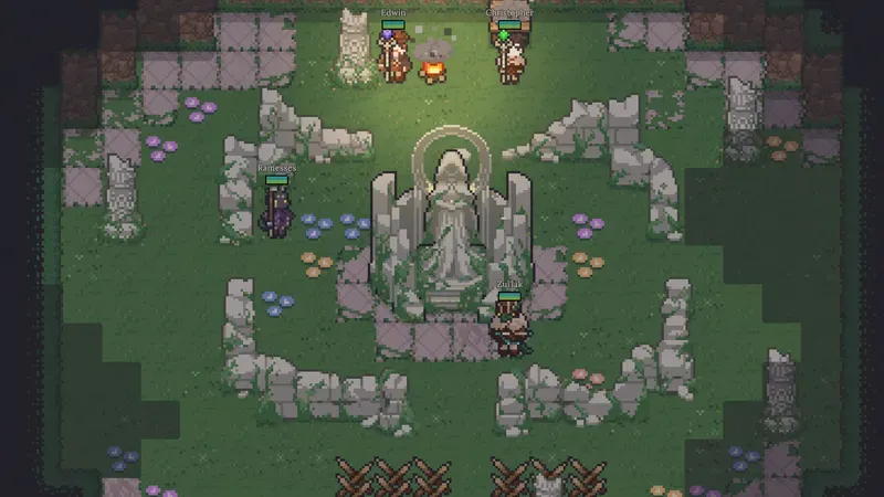 The party gathered around a stone statue in a dungeon courtyard, official press kit screenshot