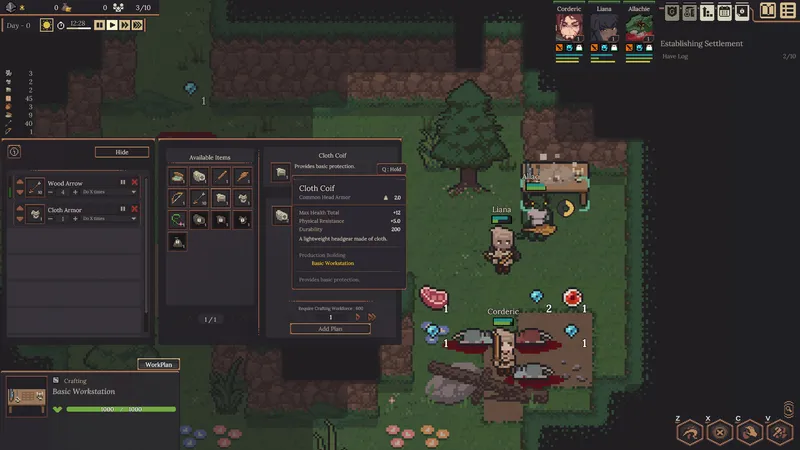 The Basic Workstation's production queue turning gathered materials into cloth gear and arrows, official Steam screenshot