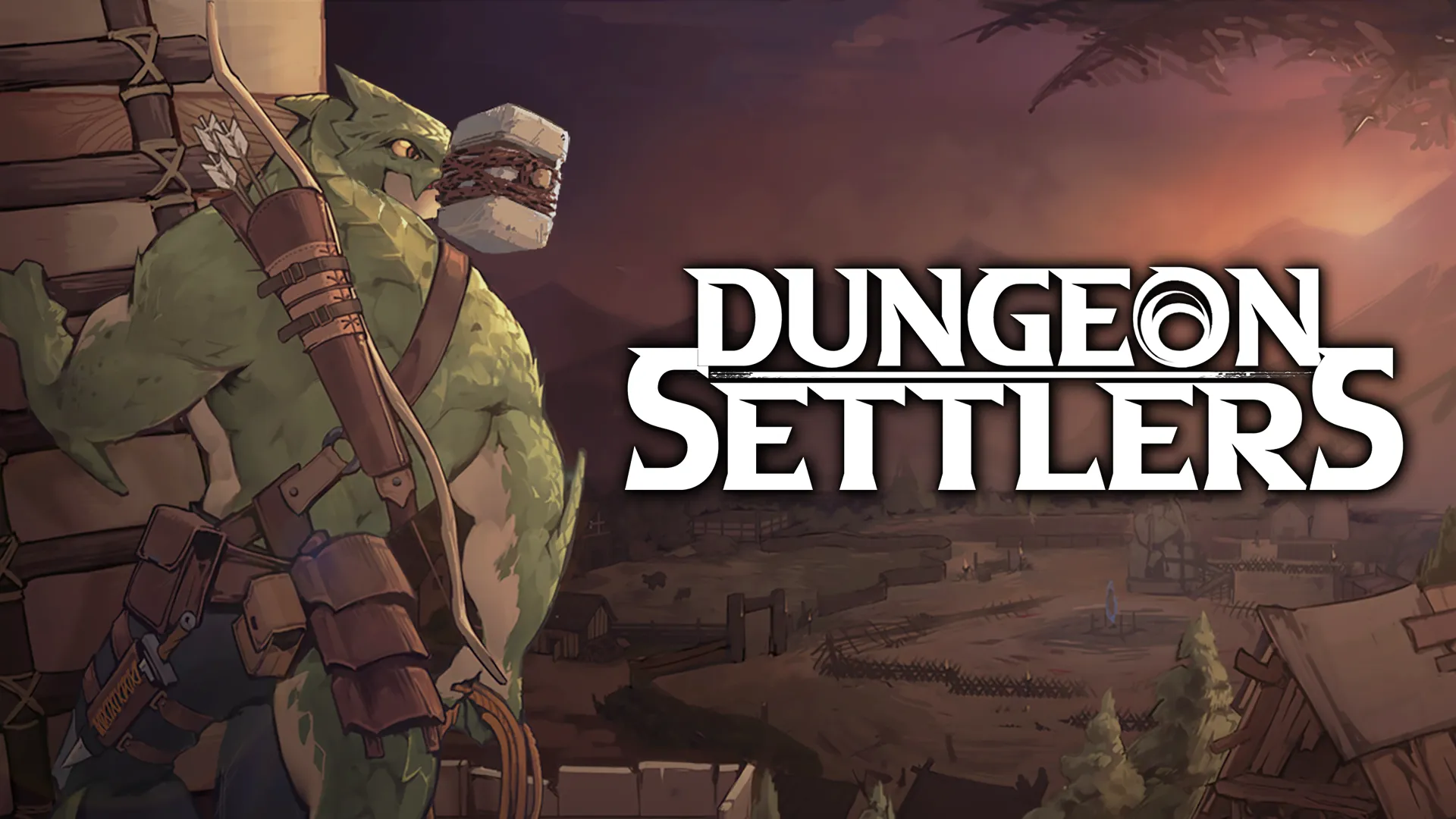 Official Dungeon Settlers key art — a lizardfolk archer gazes over a barren settlement valley at dusk